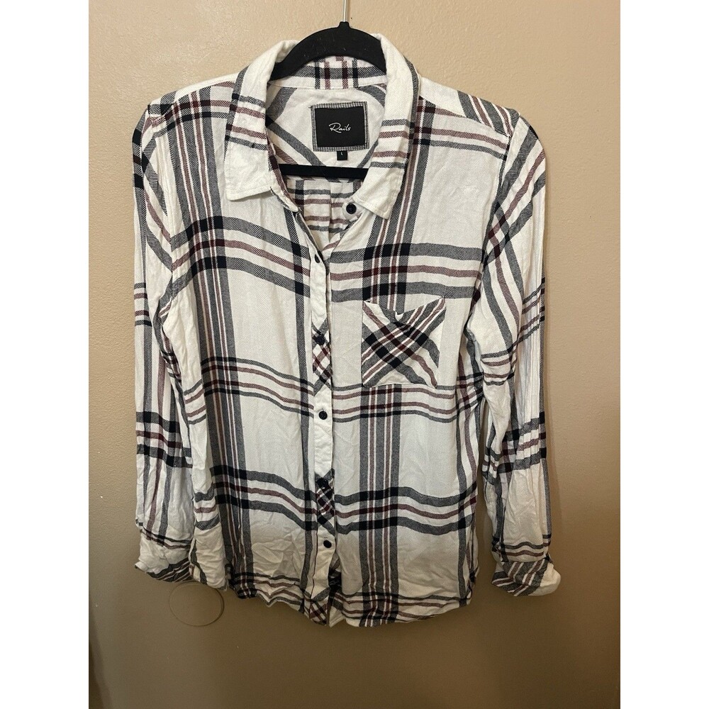 Rails Long Sleeve Plaid Button-up Blouse White And Charcoal Women’s Size L Soft!